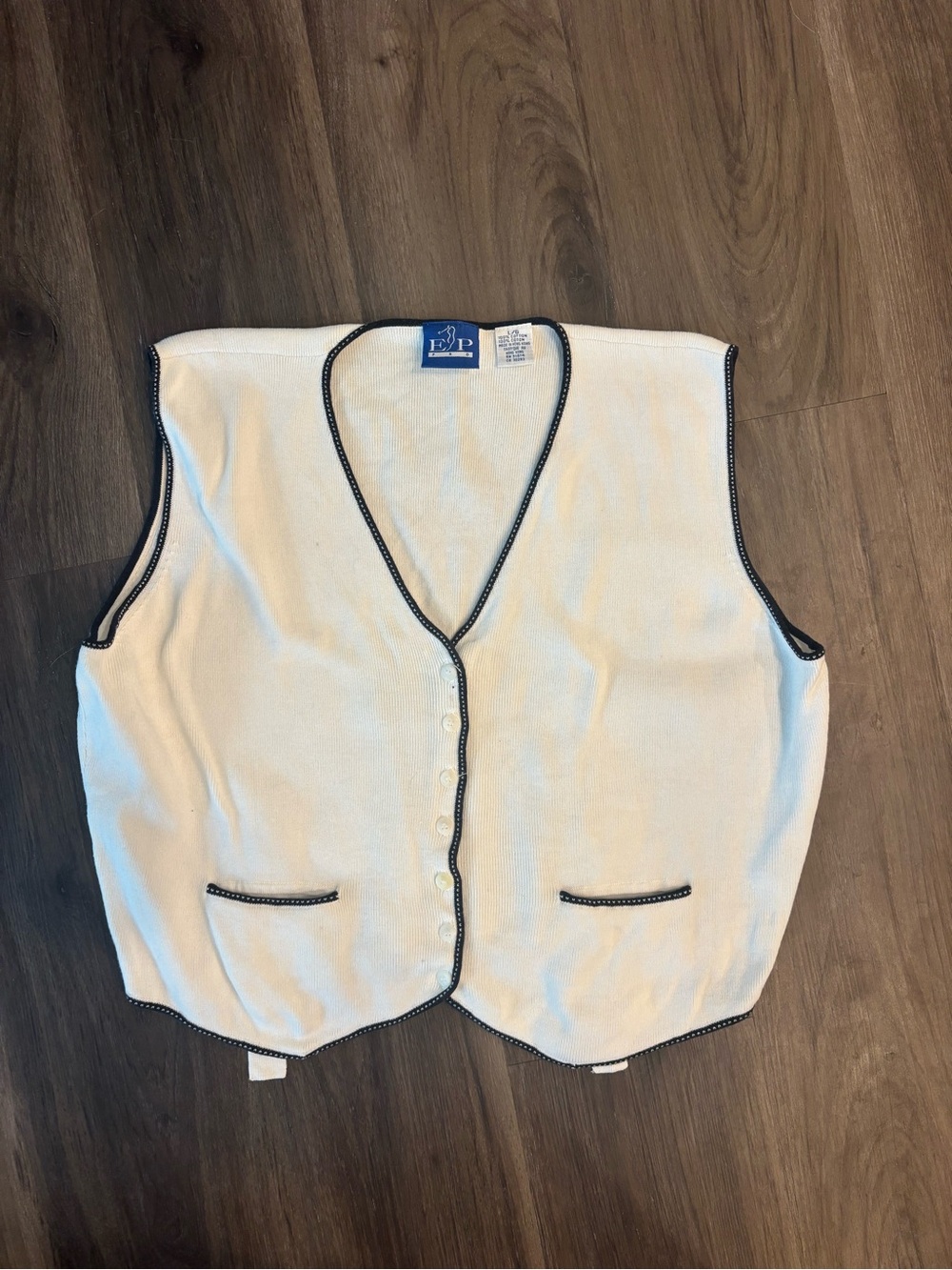 Vintage White Button-Up Knit Vest with Black Trim